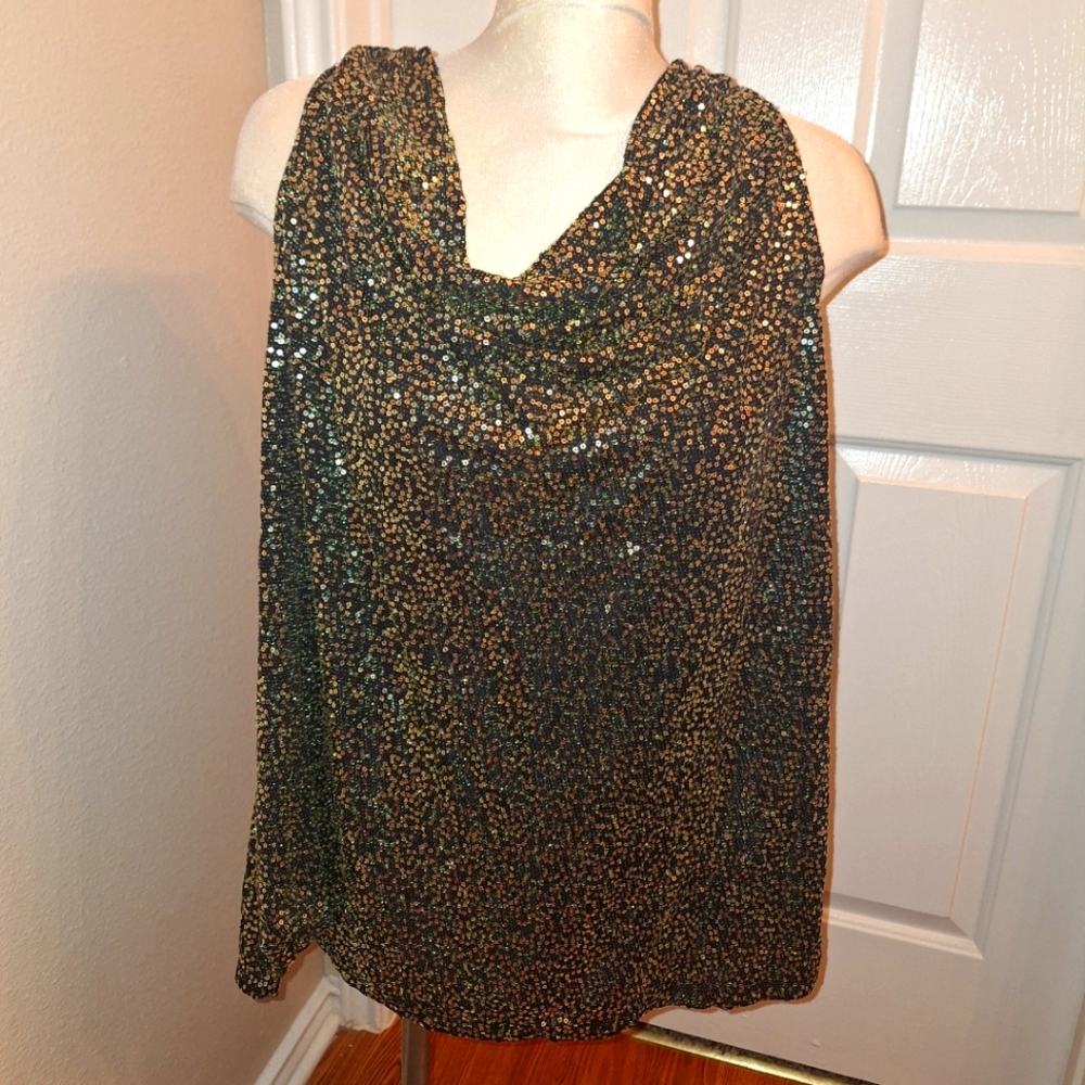 Calvin Klein Women PL Gold Sequin Drape Cowl Neck Black Sleeveless Top